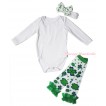 St Patrick's Day White Baby Jumpsuit & White Headband Clover Silk Bow & Kelly Green Ruffles Clover White Leg Warmer Set TH555